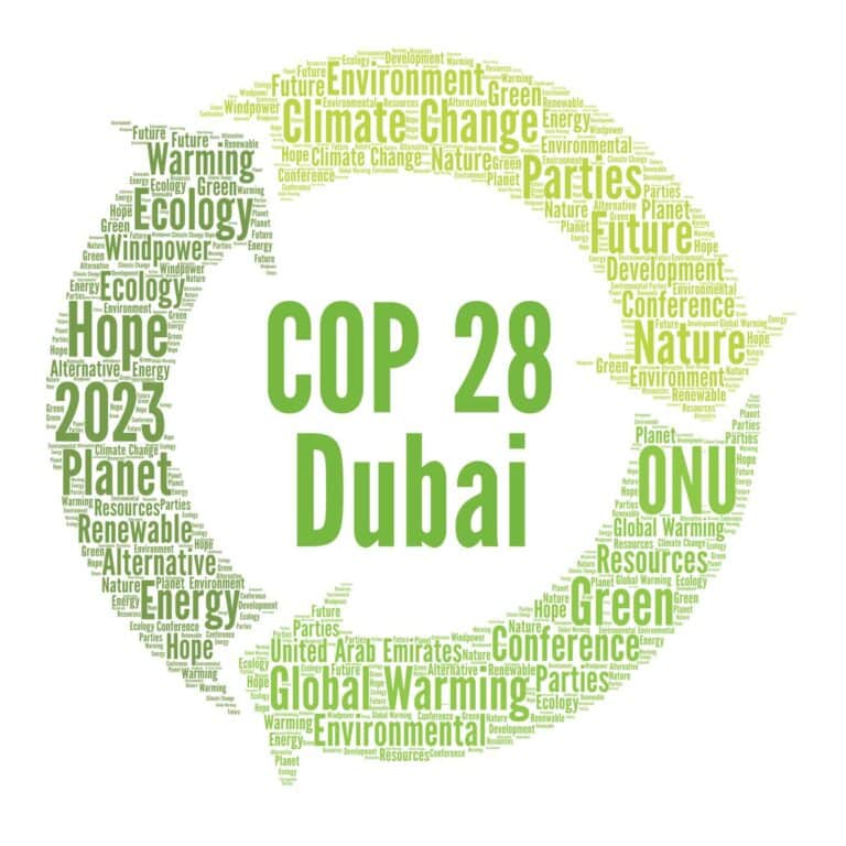 Wortwolke in Form eines Recycling-Symbols mit Wörtern wie "COP 28 Dubai", "Klimawandel", "Grün" und "Energieerzeugung" in verschiedenen Grüntönen, die den Zusammenhang zwischen nachhaltiger Energieerzeugung und der Zukunft unseres Planeten verdeutlichen.