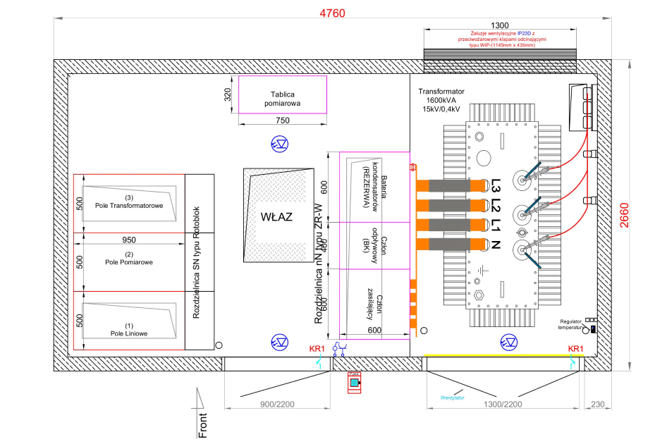 Schaltplan einer elektrischen Umspannstation mit beschrifteten Abschnitten - Transformator, Schaltanlage, Messtafel, Kabelverbindungen und Sicherheitszonen. Mit Abmessungen und technischen Hinweisen in polnischer Sprache. Ideal für die Planung von Energieanlagen oder industrieller Energieversorgung.