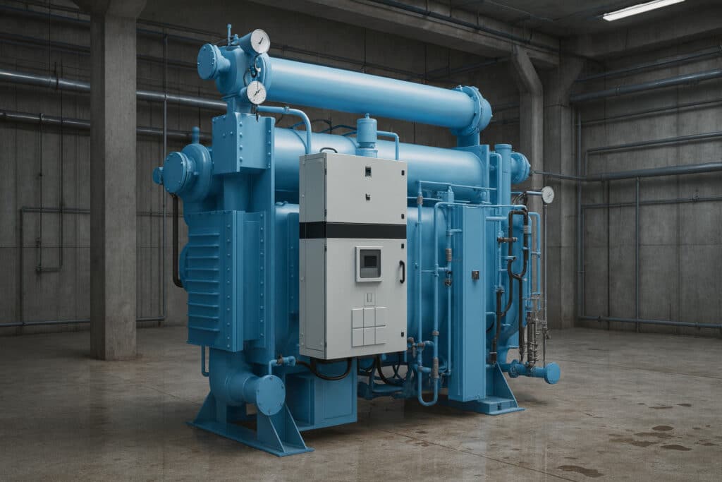 In einem Betonraum mit freiliegenden Rohren und poliertem Boden steht eine große blaue Industriemaschine von Energiepartner mit Messgeräten, Rohren und Schalttafeln.