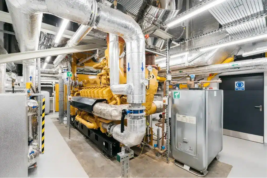 Großer gelber Industriegenerator für effiziente Energieerzeugung, umgeben von Metallrohren und Maschinen in einem hell erleuchteten, modernen Maschinenraum mit Sicherheitsschildern und silbernen Lüftungskanälen an der Decke.