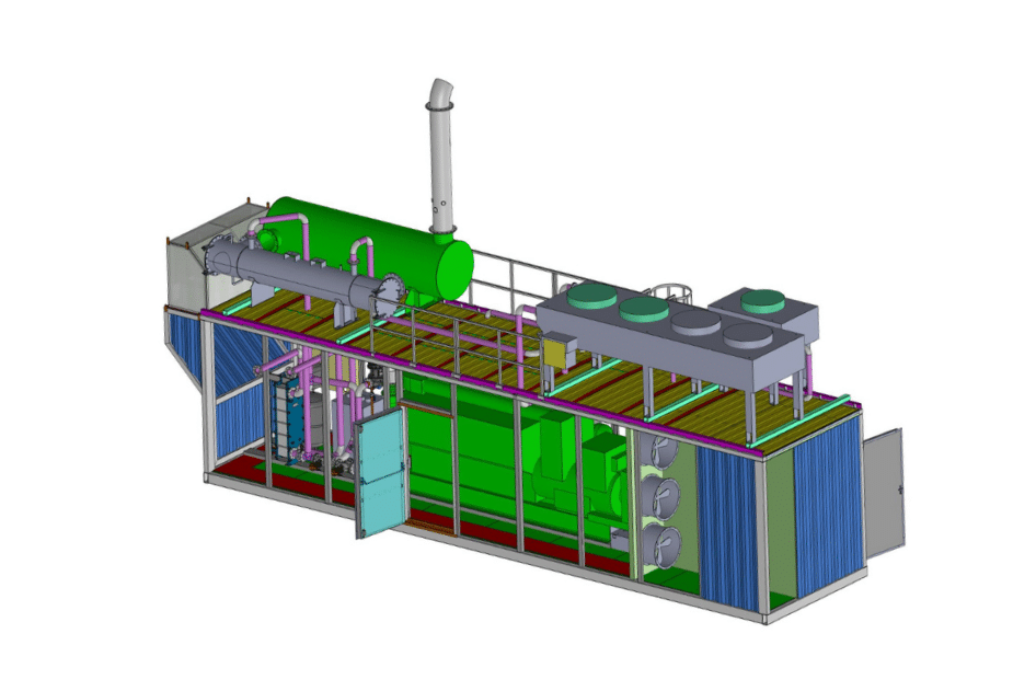 3D-gerendertes Modell eines industriellen Container-Generatorsystems für die Energieerzeugung mit grünem Motor, angeschlossenen Rohren, Schornstein, Kühlgebläsen auf dem Dach und blauen Containerwänden, von denen eine eine offene Tür zeigt.